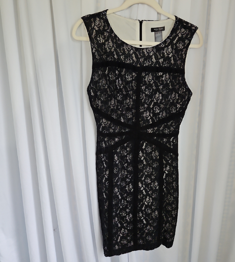Bisou Bisou Black Lace Mini Dress with Cream Lining - Size 6